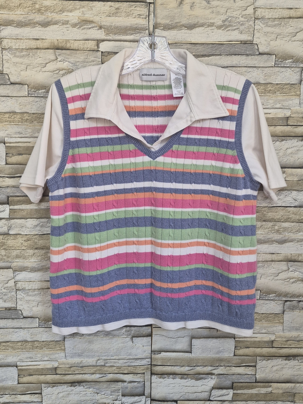 Alfred Dunner Sweater Vest Women's L Striped Cable Knit V-Neck Preppy Retro VTG